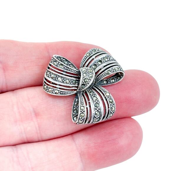 Vintage Thailand Sterling Silver 925 Marcasite Ribbon Bow Brooch Pin - Picture 1 of 7